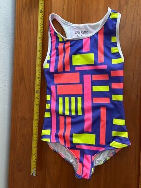 San Remo Girls Neon Geo One-Piece Swimsuit - Purple Neon Pink & Neon Yellow 7/8